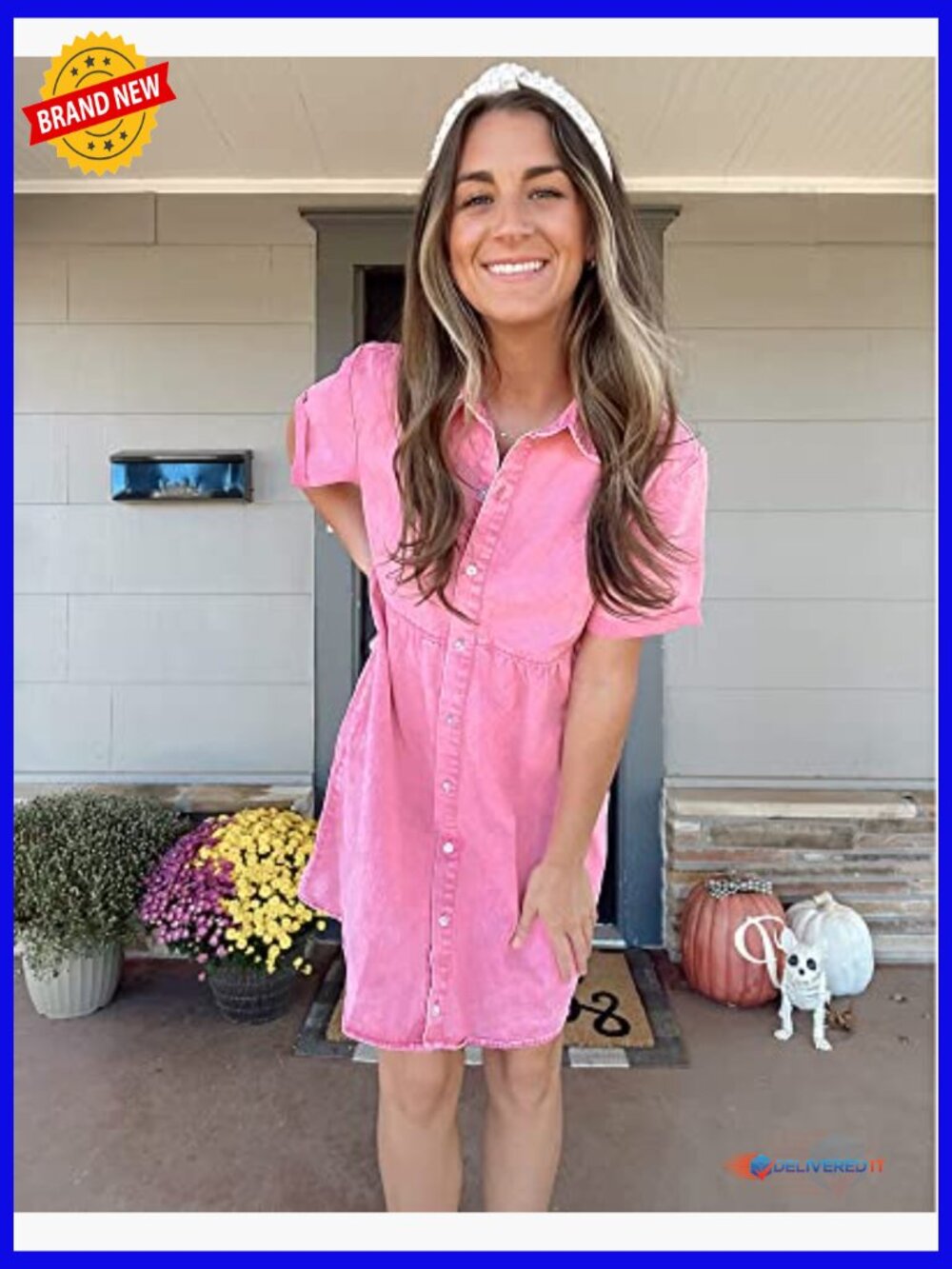 Short Sleeve Button Down Flowy Tiered Babydoll Denim Dress - Picture 5 of 7